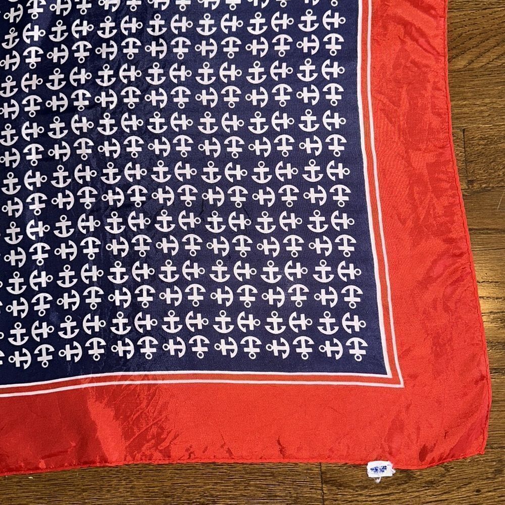 Vtg 60s Glensder Textile‎ red, white & blue anchor print nautical themed scarf - Picture 5 of 8